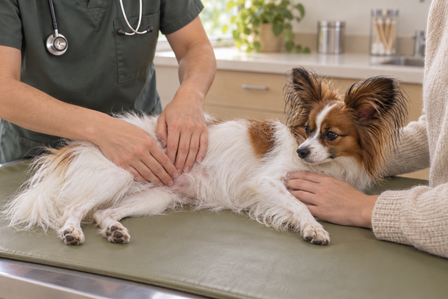 Veterinár vyšetruje psa s opakovanou zápchou